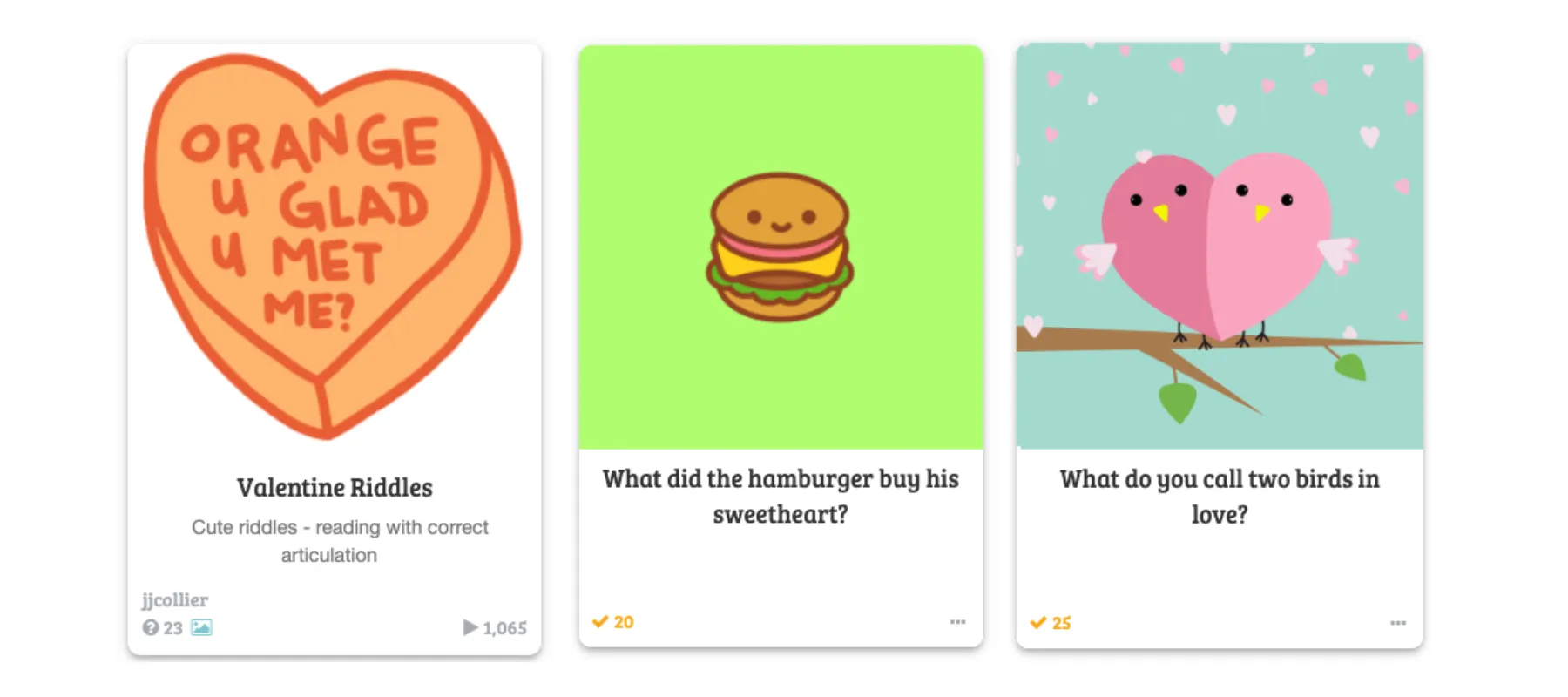 Screenshot from Baamboozle.com with a Valentine Riddles Game