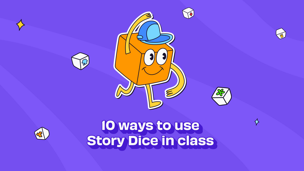 An orange Story Dice with hands and legs on a purple background