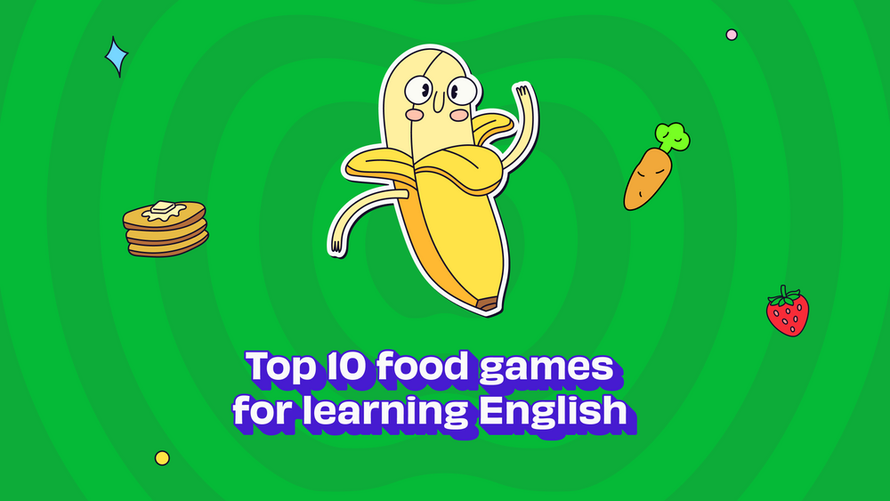 A yellow banana sticker with eyes and hands on a green apple-shaped background. 